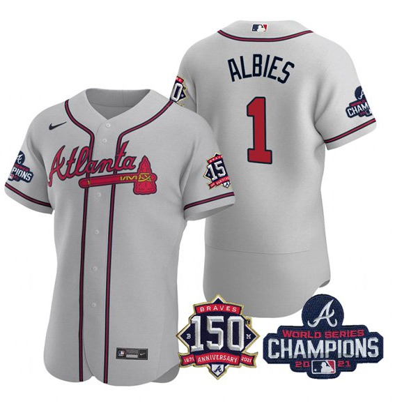Men's Atlanta Braves #1 Ozzie Albies 2021 Grey World Series Champions With 150th Anniversary Flex Base Stitched Jersey Men's Atlanta Braves #1 Ozzie Albies 2021 Grey World Series Champions With 150th Anniversary Flex Base Stitched Jersey